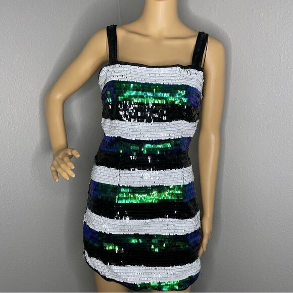 NWT Fashion Nova Stardust Sequin Mini Dress White Blue Green Black Size Medium - Picture 2 of 16